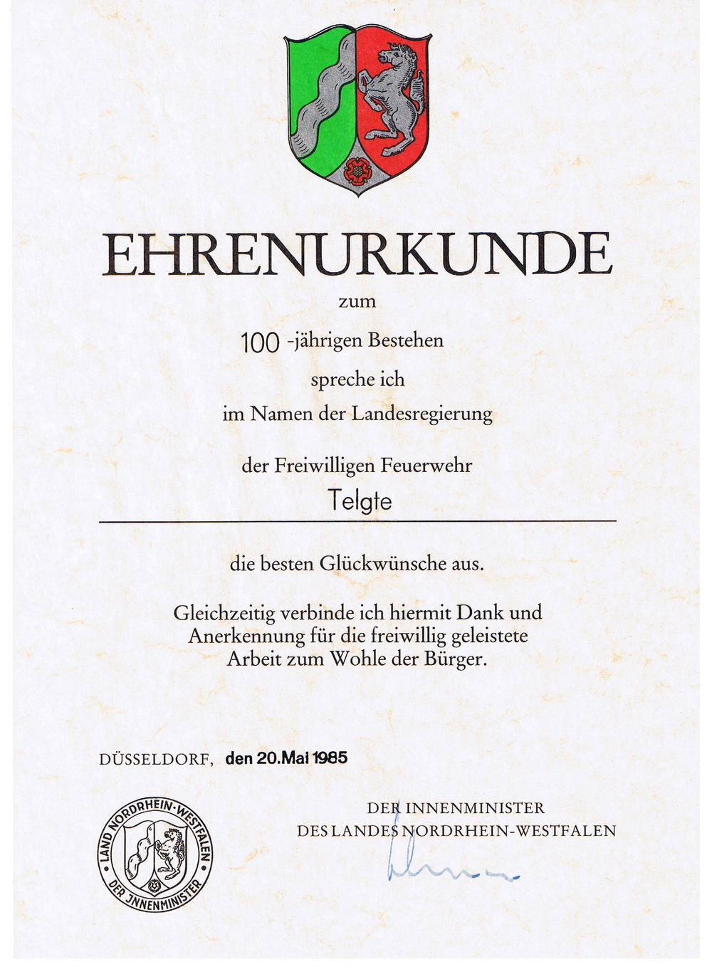 Glückwünsche der Landesregierung der Landes Nordrhein – Westfalen zum 100jährigen Bestehen