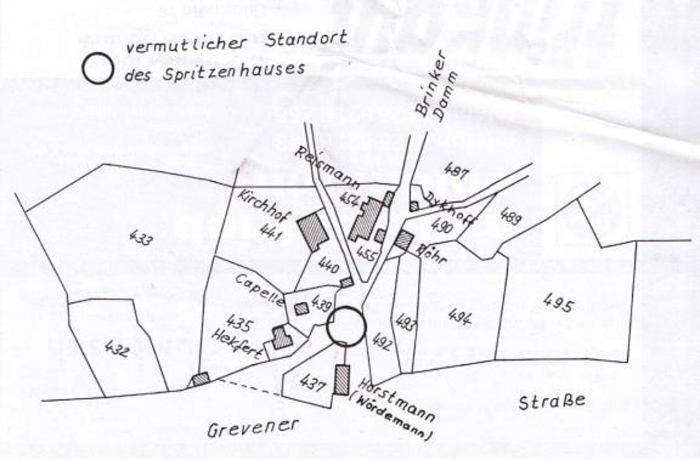 Auszugsweise Abzeichnung des Urkatasters mit Kennzeichnung des vermutlichen Standortes des ersten Spritzenhauses